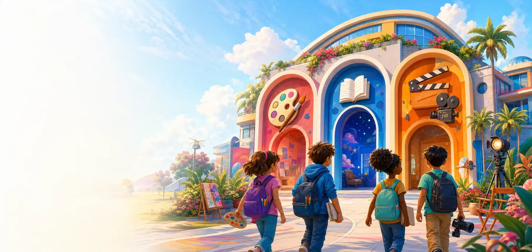 Students arriving at colorful art, story, and movie studios